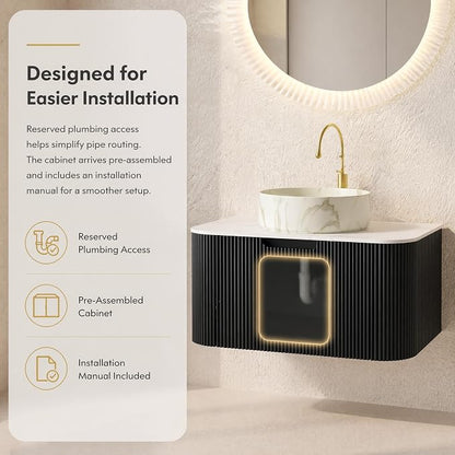 30 Inch Bathroom Vanity with Sink, Floating Wall Mounted Single Sink Vanity, Black Curved Fluted Front, Stone Top, Marble-Look Round Vessel Basin, Pre-Assembled
