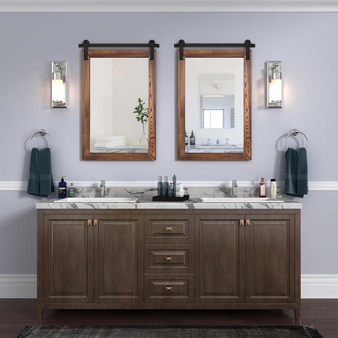 COGOOD Farmhouse Bathroom Mirrors for Over Sink - 30 x 22 Brown | Rustic Barn Door Wood Framed Vanity Mirror for Entryway, Living Room, Bedroom, Dresser Wall Decor