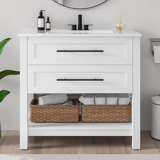 LIKIMIO 36" Bathroom Vanity with Sink, 2 Drawers & Open Shelf, White | Freestanding Bathroom Vanity, Integrated Ceramic Sink, U-Shaped Drawers, Modern Bathroom Storage Cabinet, Easy Assembly