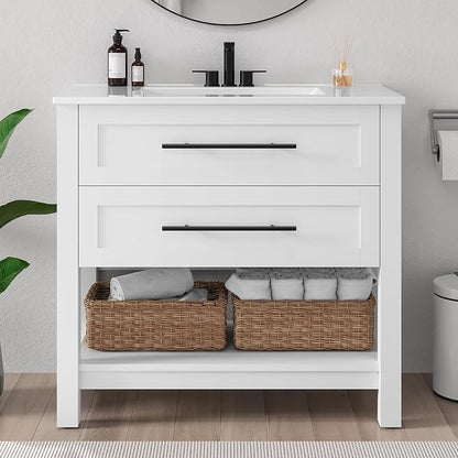 LIKIMIO 36" Bathroom Vanity with Sink, 2 Drawers & Open Shelf, White | Freestanding Bathroom Vanity, Integrated Ceramic Sink, U-Shaped Drawers, Modern Bathroom Storage Cabinet, Easy Assembly