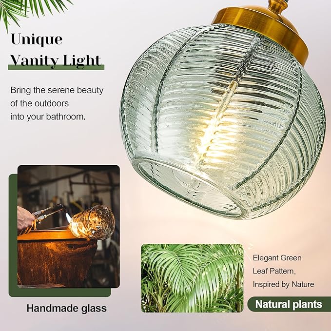 Bathroom Light Fixtures, 2-Light Green Vanity Lights with Unique Leaf Texture Glass Shade, Modern Matte Black and Gold Bathroom Wall Lamp for Mirror Hallway Cabinet Living Room