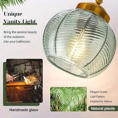 Bathroom Light Fixtures, 2-Light Green Vanity Lights with Unique Leaf Texture Glass Shade, Modern Matte Black and Gold Bathroom Wall Lamp for Mirror Hallway Cabinet Living Room