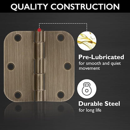 Design House Door Hinges for Interior Doors, 12-Pack, 3.5-inch x 3.5-inch – Rounded 5/8-inch Radius Steel Door Hinge – Antique Brass – Fits Standard Doors – Design House 189753