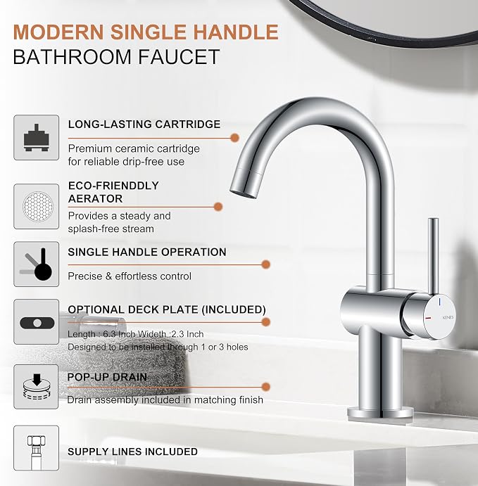 Polished Chrome Bathroom Faucets Single Handle, 1 Hole Vanity Faucet | Bathroom Sink Faucet with Pop Up Drain & 6 Inch Deck Plate, Lead-Free cUPC & NSF Certified, 1 Handle Faucet for Vanity RV Bar