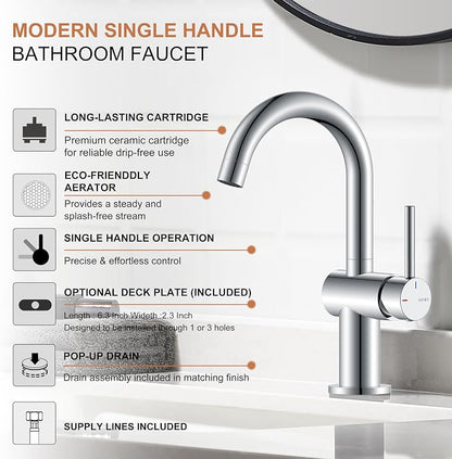 Polished Chrome Bathroom Faucets Single Handle, 1 Hole Vanity Faucet | Bathroom Sink Faucet with Pop Up Drain & 6 Inch Deck Plate, Lead-Free cUPC & NSF Certified, 1 Handle Faucet for Vanity RV Bar