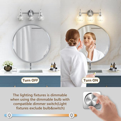 Bathroom Light Fixtures Brushed Nickel 3 Light Bathroom Lights Over Mirror with Clear Glass Shade Brushed Nickel Modern Wall Sconces Vanity Light for Bathroom UL Listed | Modern,Wall Sconce,Globe Glass Shade,E26 Base,UL Certified,Anti-Rust,Damp Rated,B...