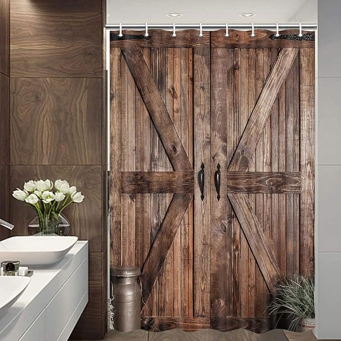 Rustic Barn Door Shower Curtain for Bathroom, Retro Countryside Wood Board Bathroom Decor Curtain Sets,Art Vintage Famhouse Western Bath Curtains RV Shower Curtains with Hooks,48X70IN