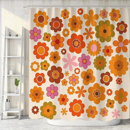 Retro Flowers Shower Curtain, Groovy Brown Orange Sun Flower Vintage 70s Fabric Shower Curtains Set for Bathroom Funky Hippie 1970 Boho Yellow Floral Decoration with Hooks 72 X 72 inch Bath Decor