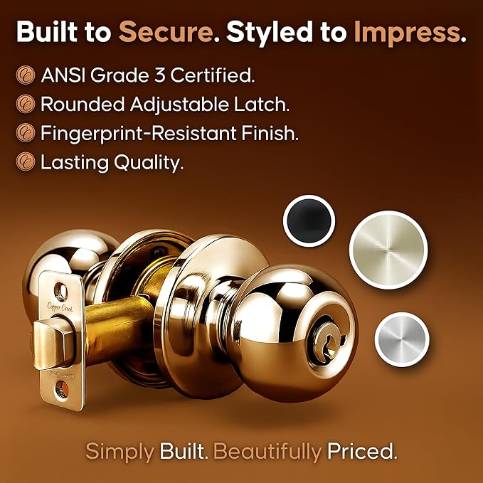 Copper Creek Entry Door Knob – Keyed Entry Handle with Lock and Key, ANSI Grade-3 Certified, DIY-Friendly Install for Interior and Exterior Entrance Doors – Polished Brass (1 Pack)