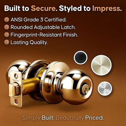 Copper Creek Entry Door Knob – Keyed Entry Handle with Lock and Key, ANSI Grade-3 Certified, DIY-Friendly Install for Interior and Exterior Entrance Doors – Polished Brass (1 Pack)