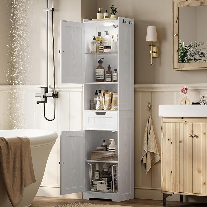 LIKIMIO Tall Bathroom Storage Cabinet with Lights, 2 Doors and 1 Drawer | Narrow Bathroom Storage Cabinet with Adjustable Shelves, 2 Hook, Slim Freestanding Cabinet for Small Space, 15.7" Wide, White
