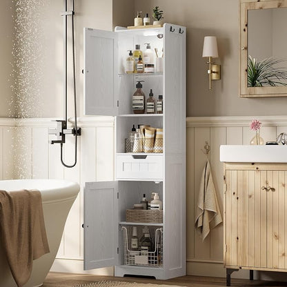 LIKIMIO Tall Bathroom Storage Cabinet with Lights, 2 Doors and 1 Drawer | Narrow Bathroom Storage Cabinet with Adjustable Shelves, 2 Hook, Slim Freestanding Cabinet for Small Space, 15.7" Wide, White