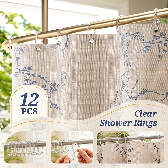 Vintage Blue Floral Shower Curtain with 12 Clear Rings - 72" W x 84" L | Farmhouse Fabric Faux Linen Shower Curtain Set, French Country Cottagecore Style Shower Curtain for Bathroom