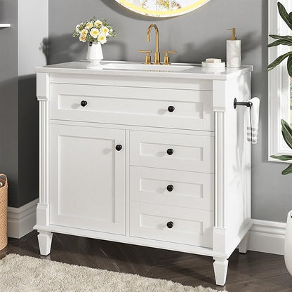 LIKIMIO 36 Inch Bathroom Vanity with Sink, Towel Holder & Adjustable Solid Wood Legs for Uneven Floor, Modern Bathroom Storage Cabinet with Tip-Out Drawer, 2 Drawers & Adjustable Shelf, White