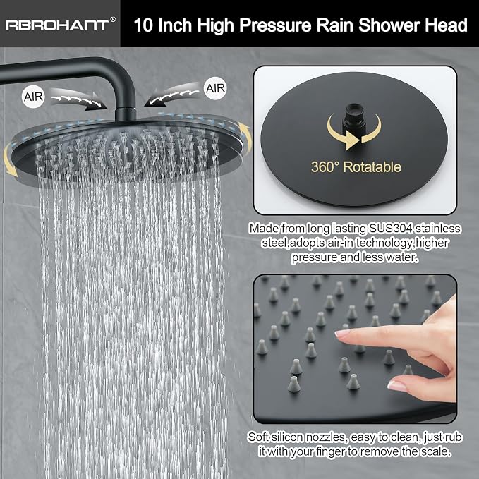 RBROHANT Exposed Shower System with Tub Spout, Matte Black Exposed Pipe Shower Faucet with 3 Functions Brass Shower Valve, Shower Height Adjustable, Wall Mounted