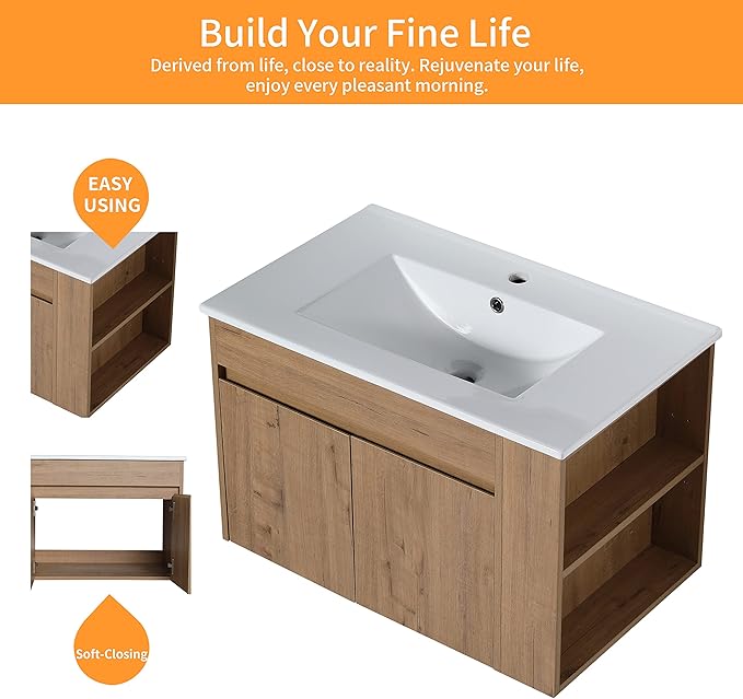 30 in Wall-Mounted Bathroom Vanity with Sink Combo, Modern Floating Bathroom Vanity Set with Ceramic Top Basin and 2 Door&Adjustable Shelf for Small Space, Brown