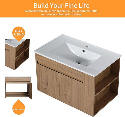 30 in Wall-Mounted Bathroom Vanity with Sink Combo, Modern Floating Bathroom Vanity Set with Ceramic Top Basin and 2 Door&Adjustable Shelf for Small Space, Brown