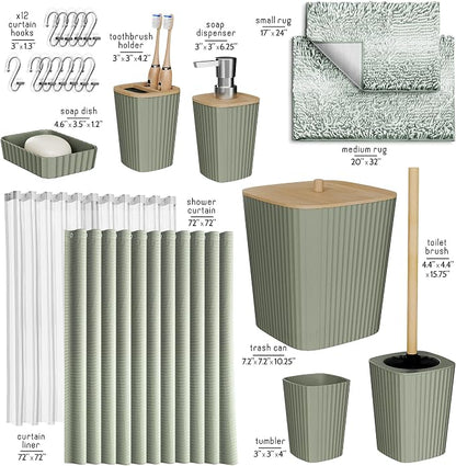 Clara Clark Bathroom Accessories Set - Bathroom Set, Bathroom Sets with Shower Curtain and Rugs, Shower Curtain Set with Trah Can - Ombre Sage Green - 22PC | 22 Piece Ombre Sage Green Bathroom Accessories Set with Toothbrush Holder, Soap Dispenser, Toi...