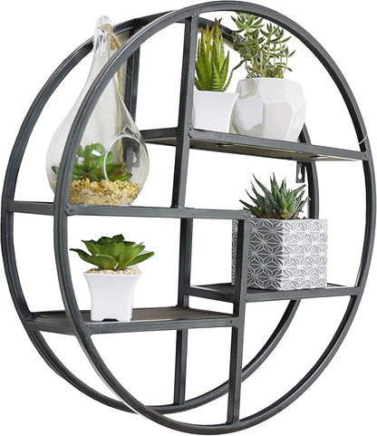 Admired By Nature, 18" Mounted Iron Circle Hanging Storage Shelving Floating Shelf 4 Tier Floating Circular Wall Decor Round Decorative Hanging Shelves, Sphere Shape Wall Shelf For Home, Black, 1 unit