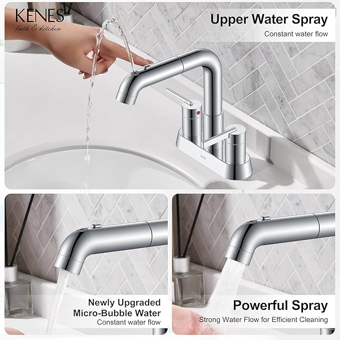 KENES Chrome Centerset Bathroom Faucet with Pull Out Sprayer, 4 Inch 2 Handle Pull Down Bathroom Faucet 3 Hole, Bathroom Sink Faucet with Pop Up Drain & Supply Lines LJ-9059A-5