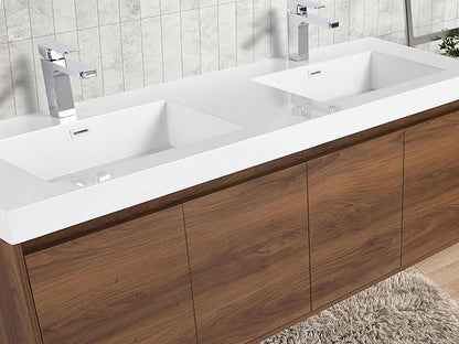 Blossom 60 Inch Floating Vanity Double Sink for Master Bath | Luxury Wall Mounted Bathroom Cabinet with Integrated Sinks | Professional-Grade Plywood & Pre-Assembled Design | Modern Walnut Finish