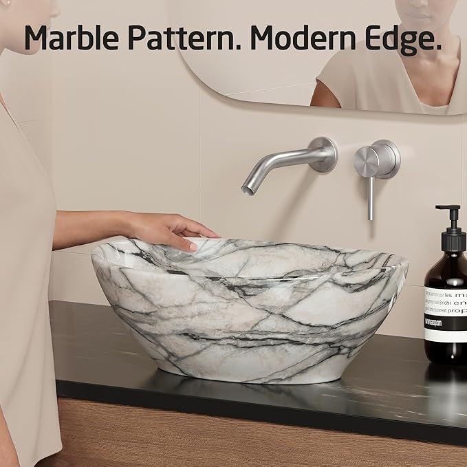 KES 16 x 13 Inch Oval Marble Pattern Vessel Sink Above Counter, Ceramic Porcelain Bathroom Sink Bowl for Vanity Countertop, Modern Look, No Overflow, Sink Only, BVS124-MG