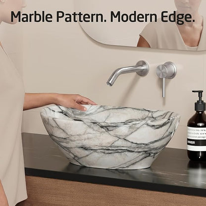 KES 16 x 13 Inch Oval Marble Pattern Vessel Sink Above Counter, Ceramic Porcelain Bathroom Sink Bowl for Vanity Countertop, Modern Look, No Overflow, Sink Only, BVS124-MG