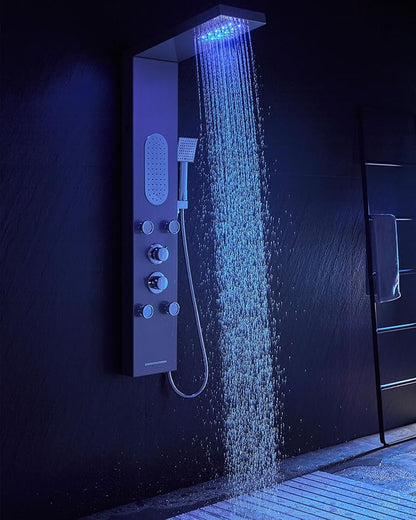 MENATT Luxury Shower Tower System with LED Shower Head, 5 Functions Shower Panel Tower System with 4 pcs Body Massage Jets,Body Waterfall Spray, Handheld Shower and Tub Spout, Brushed Finish
