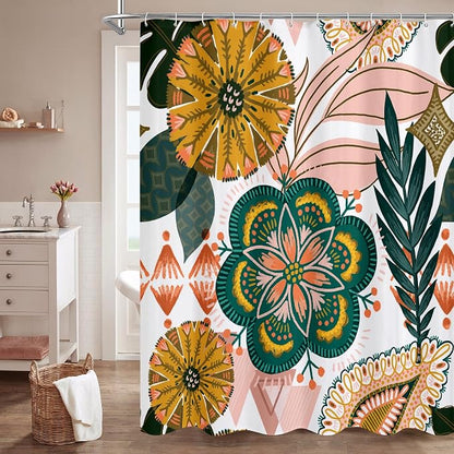 Boho Floral Shower Curtain, White & Pink Botanical Curtain, 72 x 78 | Boho floral, vintage botanical, dark floral, rustic farmhouse, colorful flowers, fabric shower curtain