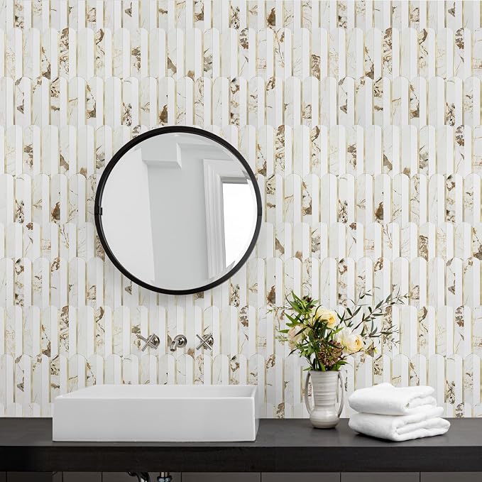 Vamos Tile Peel and Stick Backsplash Seamless Tile,10-Sheet Fish Scale Tile | Stick on Backsplash for Kitchen & Bathroom,White Marble Look PVC+Metal Gold Self Adhesive Mosaic Wall Tiles,11.9''x10.8''