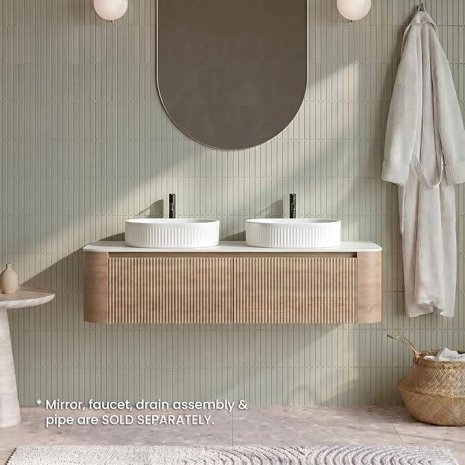 60" Preassembled Double Floating Bathroom Vanity with White Sink, Oak | Mid-Century Modern Style, Fluted & Soft-Close Drawer with U-shaped Wall, Sinterted Stone Countertop, Towel Rack Included