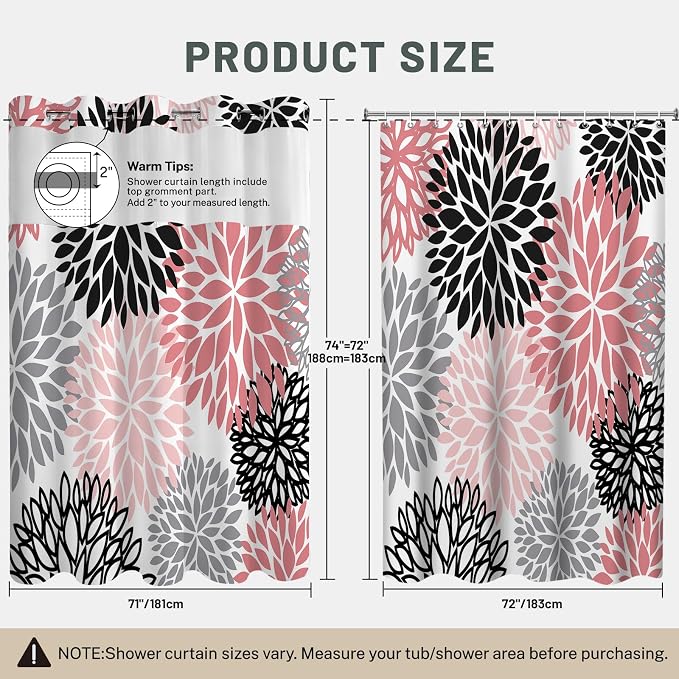 No Hook Floral Shower Curtain with Liner, Pink Grey, 71x74 | Snap in Liner, 3 in 1, Water Repellent, Easy Install, Machine Washable, Hotel Style for Bathroom, Watercolor Pattern