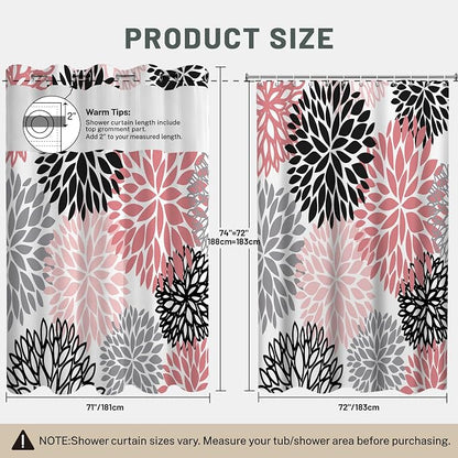 No Hook Floral Shower Curtain with Liner, Pink Grey, 71x74 | Snap in Liner, 3 in 1, Water Repellent, Easy Install, Machine Washable, Hotel Style for Bathroom, Watercolor Pattern