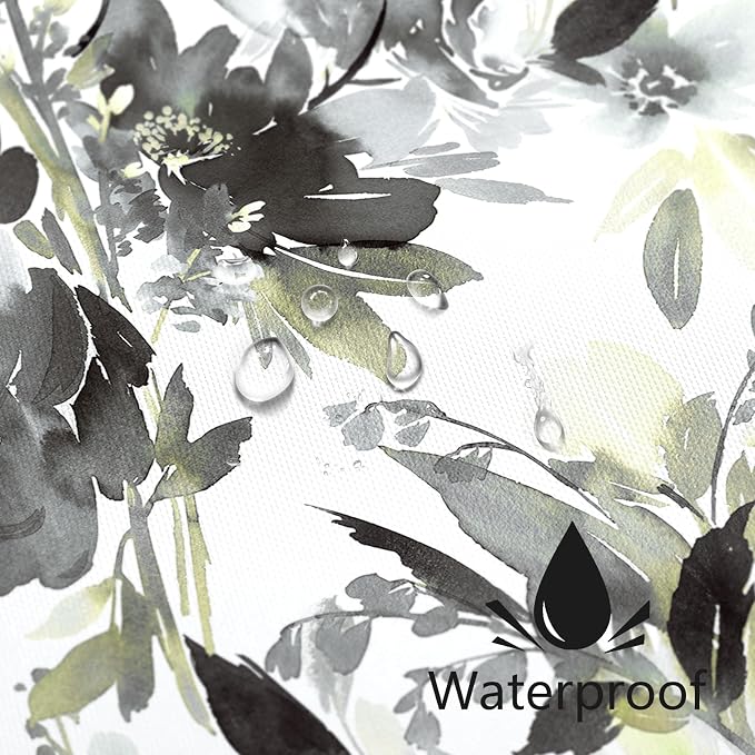 MAYZUS Grey Black Watercolor Floral Shower Curtains for Bathroom, 72x72 | Modern Abstract Flower Decorative Fabric Shower Curtain Set with Hooks, Grey Yellow