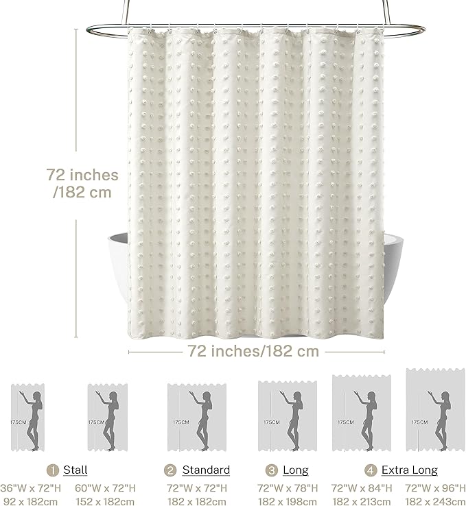Boho Farmhouse Ivory Shower Curtain Woven Fabric Cream Shower Curtain, 72 x 72 Tufted Pleat Floral Puffs Textured Modern Farmhouse Minimalist Ivory Shower Curtain Set with Hooks for Bathroom