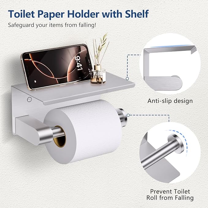 TQKAG 5 Piece Towel Bar Set, 23.6 Inch Brushed Nickel Bathroom Accessories | SUS304 Stainless Steel, Brushed Nickel Toilet Paper Holder with Shelf, Towel Racks for Bathroom Wall Mounted, Towel Bars