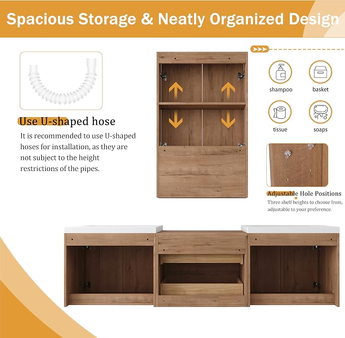 72'' Floating Bathroom Vanity with Double Sink, and 1 Side Cabinet, Brown | Double Sink Combo with 24" Side Cabinet, Plywood Cabinet, Resin Basin, Ample Storage, Soft-close Hinge, Assembly Required