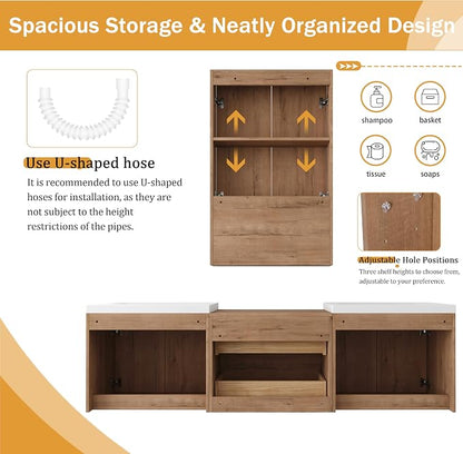 72'' Floating Bathroom Vanity with Double Sink, and 1 Side Cabinet, Brown | Double Sink Combo with 24" Side Cabinet, Plywood Cabinet, Resin Basin, Ample Storage, Soft-close Hinge, Assembly Required
