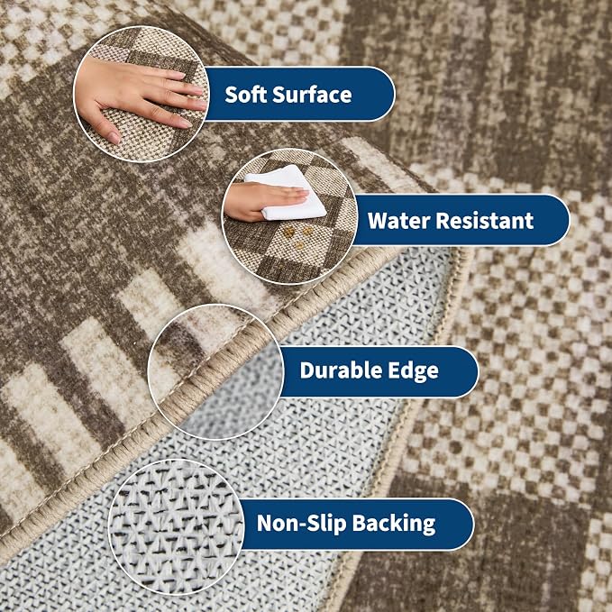 Garvee Washable Runner Rug 2x6 Checkered Non Slip Kitchen Rugs, Brown | Brown Entryway Rug Farmhouse Soft Bathroom Rugs Low Pile Stain Resistant Carpet for Hallway Laundry Bedroom 2'x6' Brown