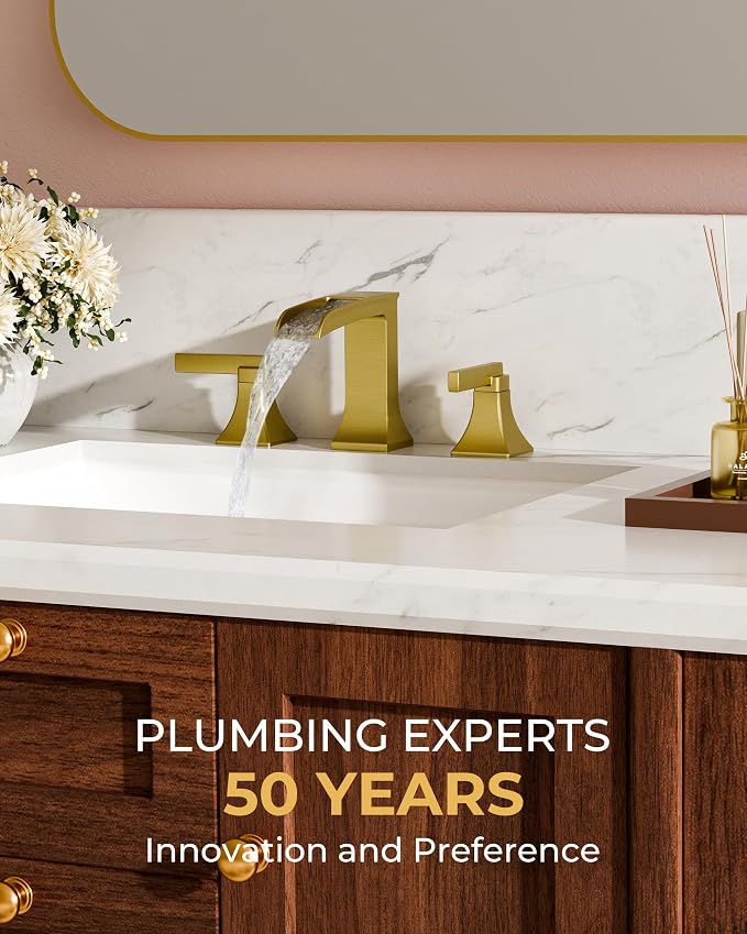 FORIOUS Bathroom Faucet 3 Hole Widespread 8" Sink Faucets Brushed Gold | 3-hole 4-12 Inch Widespread Sink, Square Waterfall Faucets, with Drain and Hoses,for Vanity Rv Commercial Lavatory Restroom