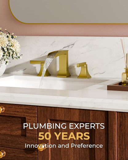 FORIOUS Bathroom Faucet 3 Hole Widespread 8" Sink Faucets Brushed Gold | 3-hole 4-12 Inch Widespread Sink, Square Waterfall Faucets, with Drain and Hoses,for Vanity Rv Commercial Lavatory Restroom