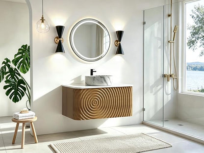 30" Floating Bathroom Vanity with Sink, Mid-Century Wall Mounted Bathroom Vanity Cabinet with Waved Decor, Marble Ceramic Basin, Sintered Stone Top, Soft Close Storage Drawer, Natural