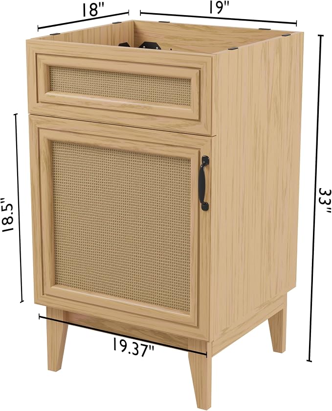 JONATHAN Y Javer Bohemian Rattan Freestanding Bath Vanity, 20", Oak | 18" Deep, 33" High, Single Soft-Close Door, Caned Paneling, 2-Shelf Storage, Basin Not Included, Modern Farmhouse Style