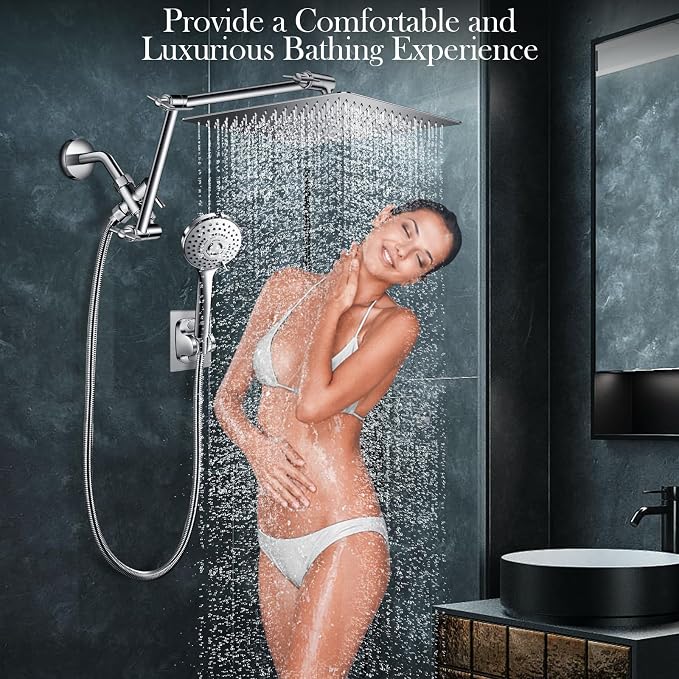 12 Inch Rain Shower Head Combo,5 Spray Handheld with 16" Extension Arm | High Pressure Rainfall Showerhead with Flexible Adjustment of Height/ Angle Upgraded Extender Arm, Anti-leak (Chrome)