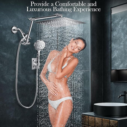 12 Inch Rain Shower Head Combo,5 Spray Handheld with 16" Extension Arm | High Pressure Rainfall Showerhead with Flexible Adjustment of Height/ Angle Upgraded Extender Arm, Anti-leak (Chrome)