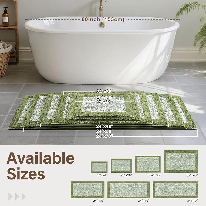 60x24 Long Bathroom Rugs Washable Non Slip, Olive Green Bath Mat for Bathroom Floor Tub, Soft Absorbent Quick Dry Mats for Shower,Bathtub,Home Decor