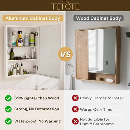 TETOTE 14 x 18 Medicine Cabinet with Tempered Beveled Mirror White Aluminum Cabinet DTC Hinges, 2 Stepless Adjustable Shelves, Recessed/Surface-Mounted