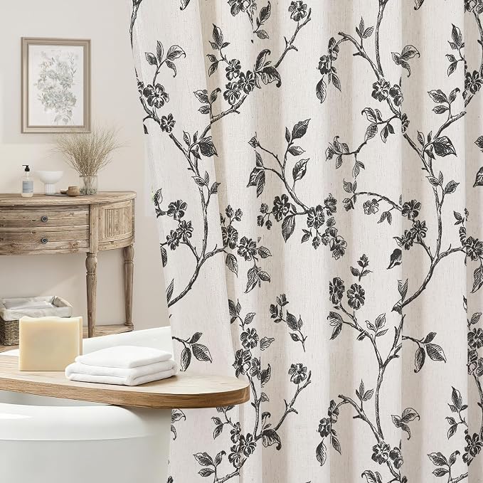 MitoVilla Black Linen Floral Shower Curtain for Bathroom, 72 x 72 | Black BoHo Cottagecore Spring Shower Curtains, Modern Farmhouse Country Plant Leaves Bathroom Décor, 72 x 72