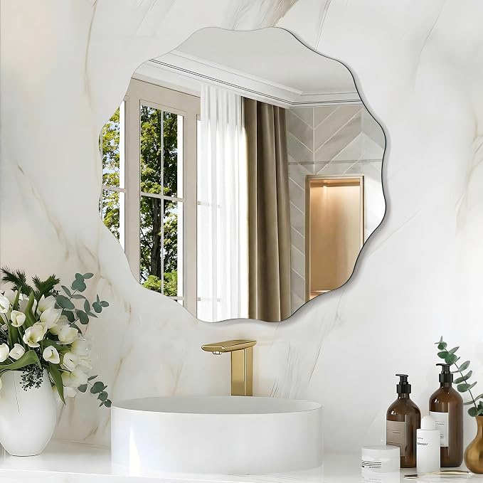 CILIBER Wavy Mirror for Wall, 20'' Scalloped Frameless Round Mirror, 3mm Tempered Glass Decorative Bathroom Vanity Mirror, Mounting/Leaning for Mantel, Living Room, Bedroom and Entryway