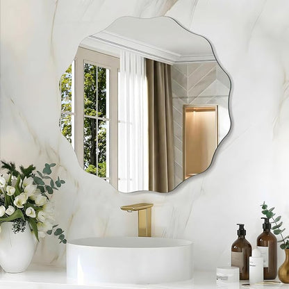 CILIBER Wavy Mirror for Wall, 20'' Scalloped Frameless Round Mirror, 3mm Tempered Glass Decorative Bathroom Vanity Mirror, Mounting/Leaning for Mantel, Living Room, Bedroom and Entryway